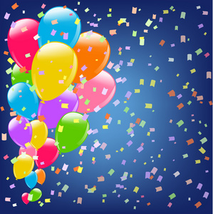 庆祝活动背景用气球和彩带。矢量这