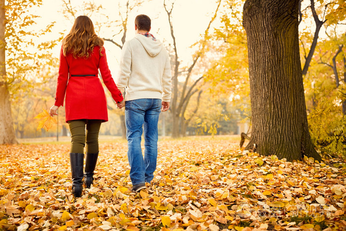 背影的女人和男人在公园里的爱