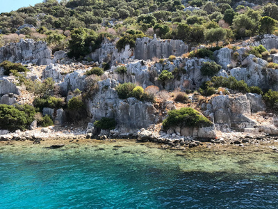 Kayakoy Kekova Simena 村, 费特希耶, 住宿沉没城市 Kekova 海湾的 Ucagiz 从海在土耳其