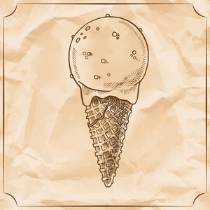 复古美味的冰淇淋锥。矢量手绘插图。旧纸张背景