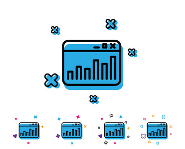 市场统计数据行图标。网络分析符号。浏览器窗口标志。带有几何元素的线条图标。色彩鲜艳的营销设计。向量