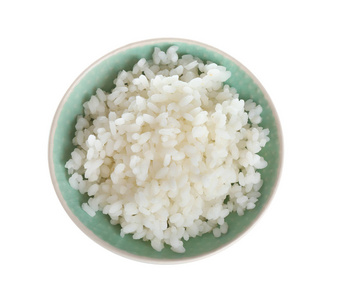 白色背景新鲜熟米饭碗