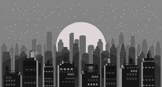 城市夜景。现代城市天际线全景矢量背景。城市塔楼摩天大楼天际线插图, 孤立, 插图