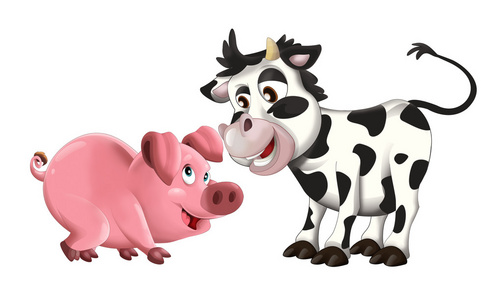 卡通搞笑小猪和牛朋友分离儿童插画