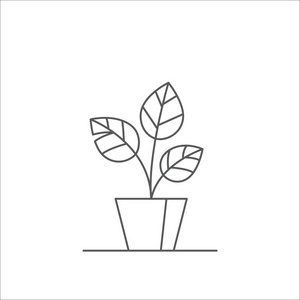 盆栽可编辑的线向量例证概要室内植物与三个大叶子在花盆。白色背景的抽象装饰盆栽花