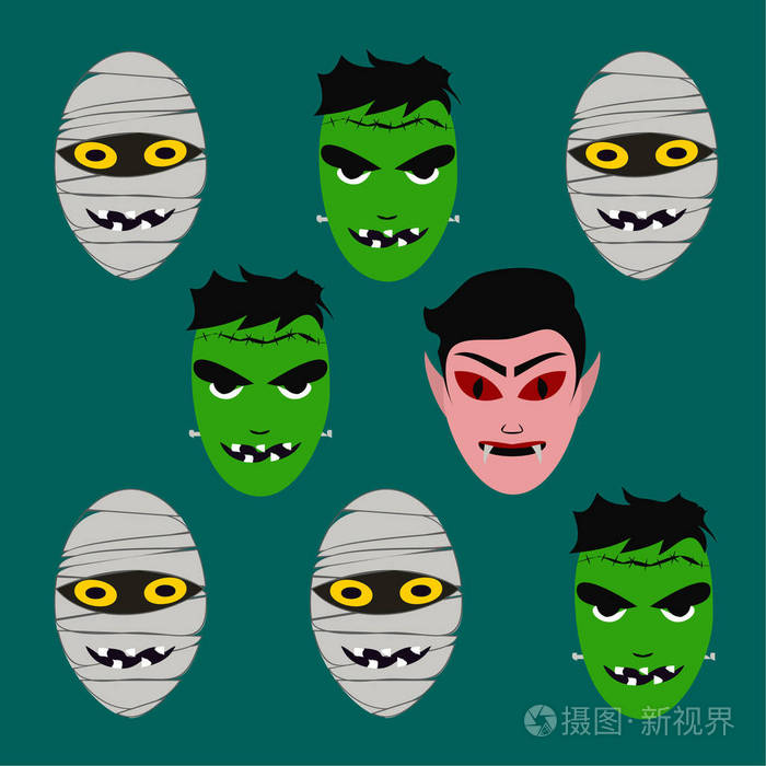 插图万圣节海报与恐怖卡通人物的面孔, 德古拉, 弗兰肯斯坦和木乃伊