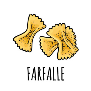 意大利面食 farfalle。矢量复古雕刻彩色插图在白色背景下隔离。手绘设计元素