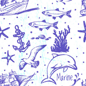 墨水手绘制海洋世界无缝模式