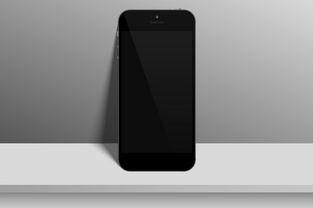 现实的黑色智能手机与空白的屏幕，在明亮的背景上。矢量图