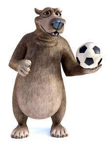 3d 渲染一个迷人的微笑卡通熊摆在他的手足球。白色背景