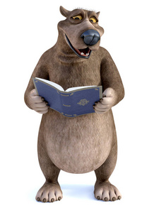 3d 渲染一个迷人的微笑卡通熊拿着一本书在他的手, 他正在阅读。是 storytime白色背景