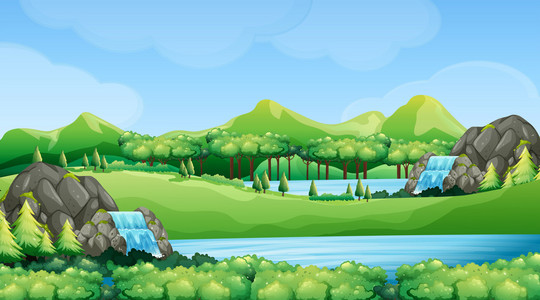 自然场景的瀑布和湖泊梦幻般的场景与雪屋在傍晚的森林童话, 卡通背景