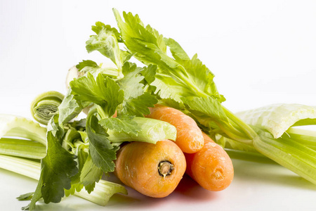 白色背景的新鲜蔬菜, 绿叶和胡萝卜