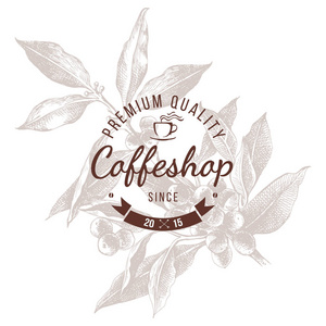 Coffeshop 圆的徽章在手速写了咖啡植物分支