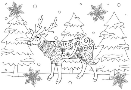 zentangle 的着色图片圣诞节鹿在冬天和美丽的雪花.手绘插图.