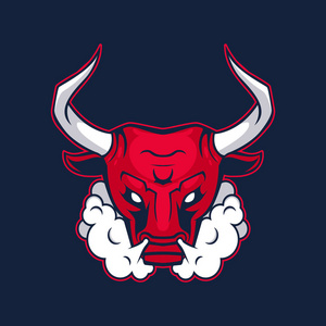 运动队的公牛吉祥物.公牛, 标志, 黑暗背景上的符号照片