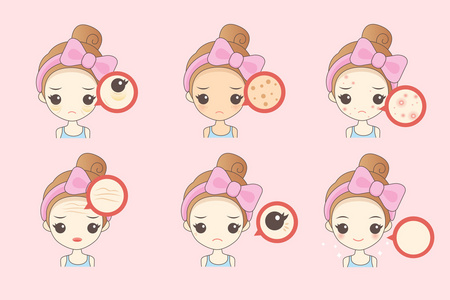 卡通女性面部皮肤问题女性面部皮肤问题的白色背景女人的皮肤问题妇女