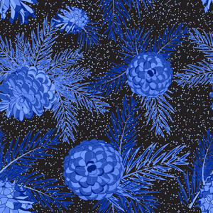 与杉木球果中蓝颜色的无缝模式。圣诞树装饰