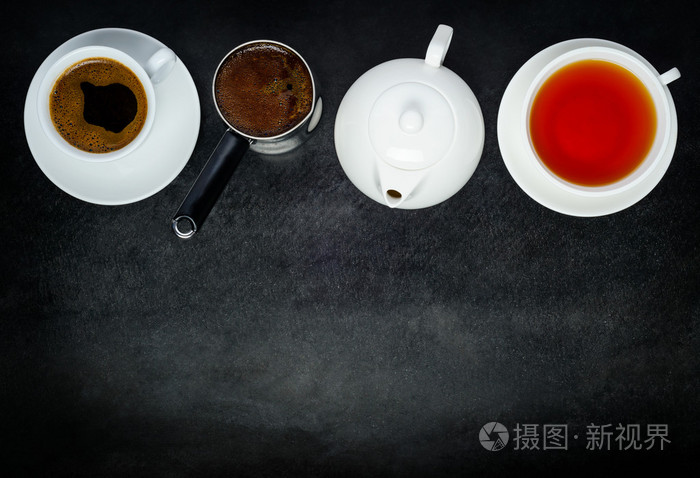 咖啡和茶杯子与茶壶 咖啡壶和副本空间