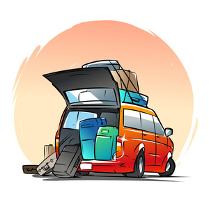 手提箱和包的面包车.卡通插图照片