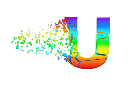 破碎的彩虹字母 U 大写。粉碎彩虹字体。3d 渲染在白色背景下被隔离