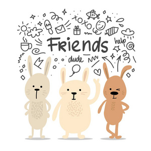 卡通滑稽插图友谊卡可爱的卡通兔子,一臂气球和一个兔子女朋友在彩虹