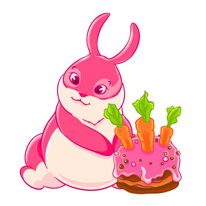 可爱的粉红色兔子和生日蛋糕。矢量插图。t恤打印。贺卡