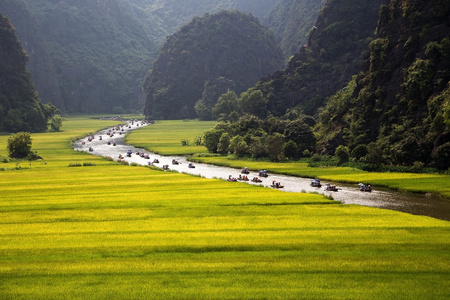 山峦 稻田和河景观