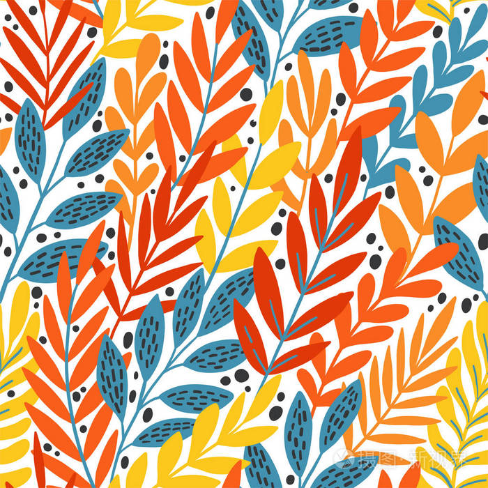 鲜艳的花卉热带叶子上抽象多彩的图案.矢量无缝背景.植物花自然壁纸