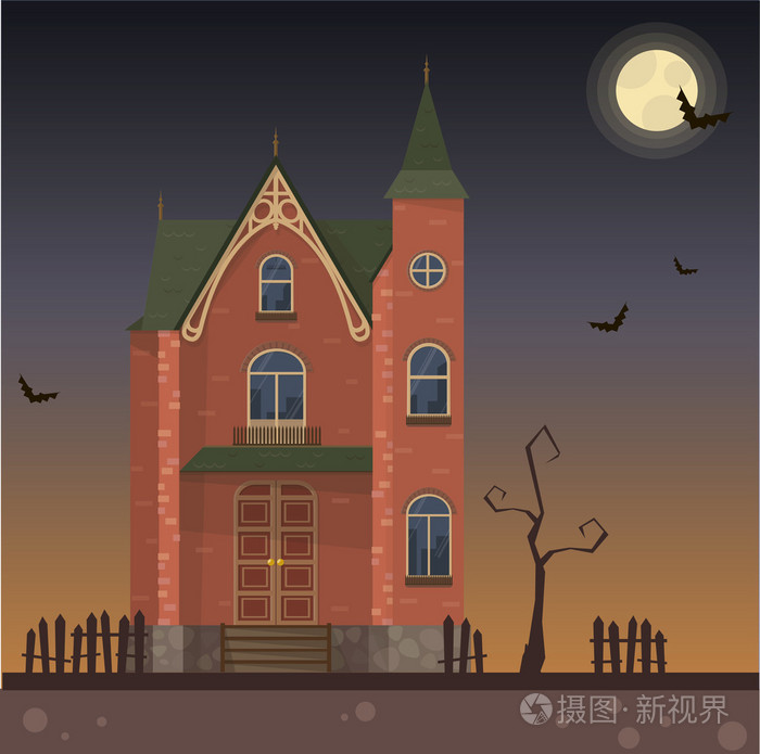 哥特式万圣节城堡房子月亮夜蝙蝠