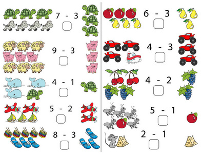 减法。孩子们的谜题。ubtraction。学前教育数学工作手册。教育书籍插图。处方。全彩。页17