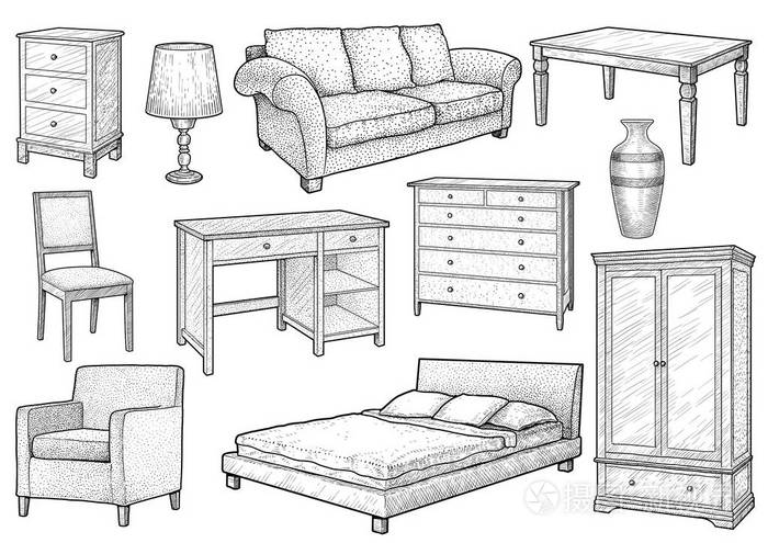 家具收藏插图绘图雕刻墨水线条艺术矢量