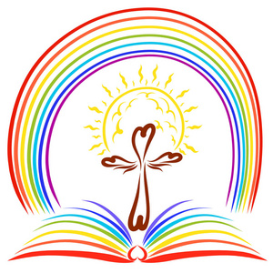 鸟儿飞过一本开放的书,书页上有植物的图像基督冠在彩虹书手上在耶稣