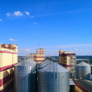 农业仓。谷物小麦玉米大豆的贮藏和干燥, 对蓝天白云