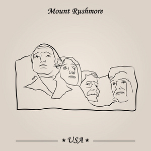 拉什莫尔山纪念碑。矢量插画, 世界名胜