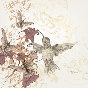 花卉音乐背景与蜂鸟，蝴蝶和音符