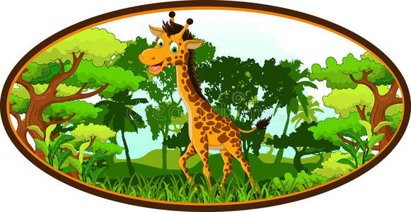 森林背景下的长颈鹿卡通图片