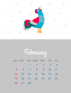 红公鸡的月历2017年。 带有日历的日历