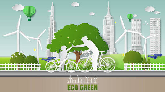 纸折叠艺术折纸风格矢量插画。绿色可再生能源生态技术节能环保爱情理念父子携手共进城市公园
