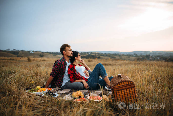 爱情侣在夏日的格子上野餐男女浪漫的野餐
