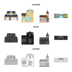 建筑物和前标志的孤立对象。网站的建筑和屋顶股票符号集
