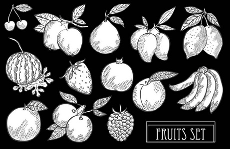 手工绘制的装饰水果集, 设计元素。可用于卡片请柬剪贴簿印刷制造。食物, 厨房主题。线条艺术风格