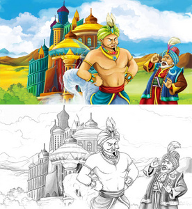 精灵王子卡通场面与王子或国王与旅行在阿拉伯城堡附近看巨人精灵飞行