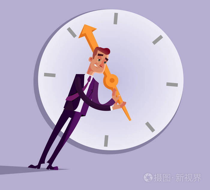 商人办公室工作者字符尝试停止转动推时间箭头.矢量设计平面卡通插图