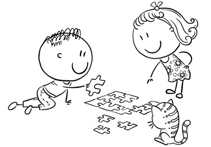 快乐卡通儿童试图组装拼图照片