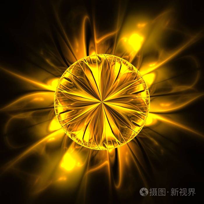 美丽的对称分形太阳, 焦点, 圆圈, 黄色, 数码艺术品为创意平面设计.