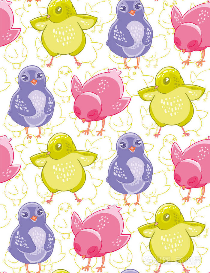 无缝图案与滑稽的紫色, 粉红色和绿色卡通鸡.纺织品, 墙纸, 儿童装饰