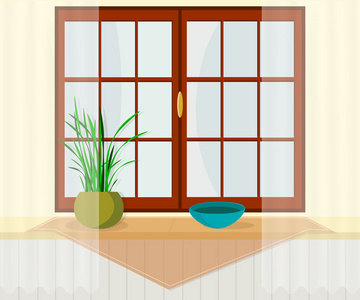 内政部。窗口的窗台上，遮帘  书籍和植物