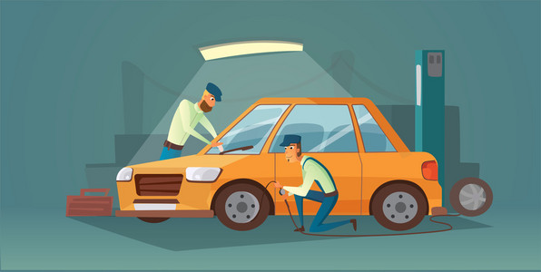 售后卡通汽车修理矢量图.在汽车售后服务轮胎服务和汽车企业的工人.