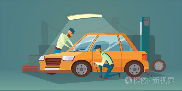 在汽车售后服务轮胎服务和汽车企业的工人.卡通车库